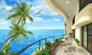 地中海海边阳台风景背景图片