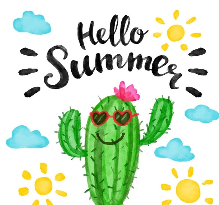 水彩绘夏季笑脸仙人掌矢量素材图片