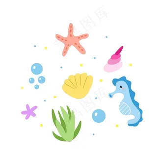卡通海洋元素海马贝壳海星图片