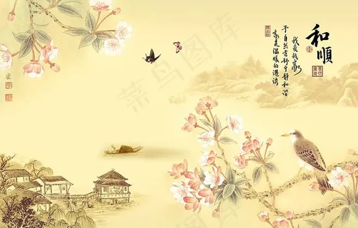 国画海棠山水花鸟图电视背景墙图片 国画海棠山水花鸟图电视背景墙图片