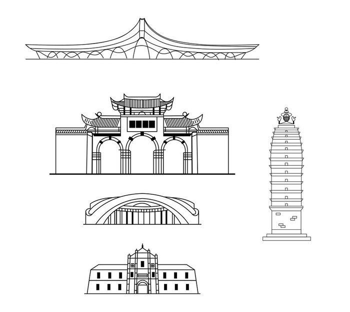 昆明地标建筑线稿图片ai矢量模版下载