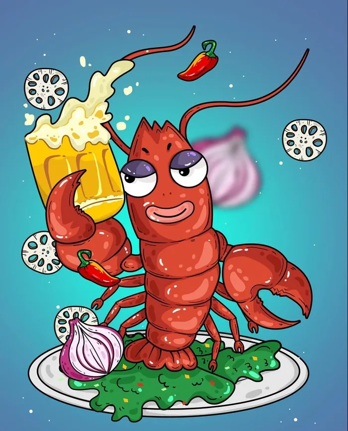 小龙虾啤酒插画图片