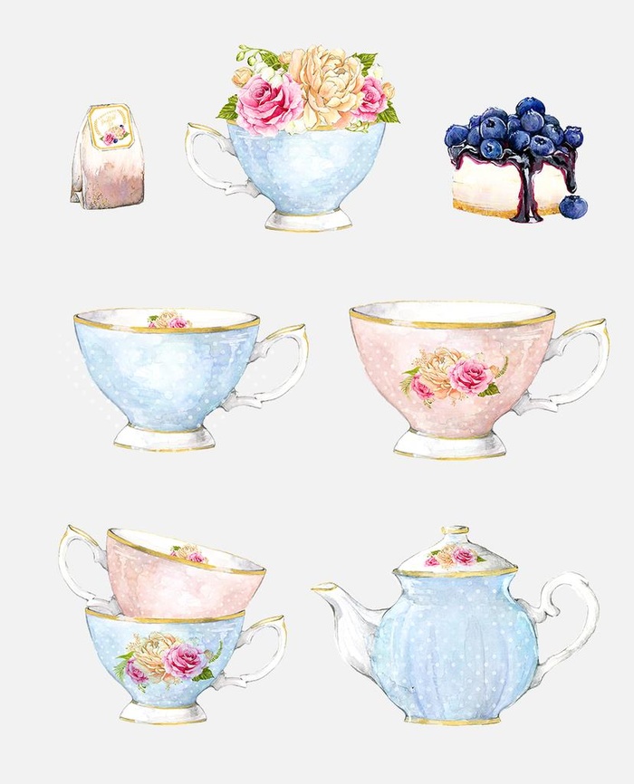 玫瑰茶壶下午茶唯美手绘水彩图片(1024x1219)psd模版下载