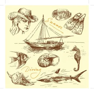 夏季海滩手绘线稿素材图片