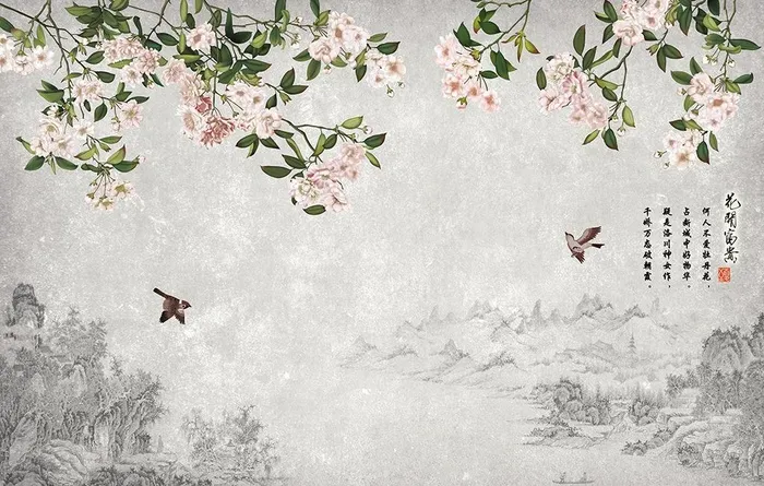 手绘花鸟山水电视背景墙图片(9449x6299)psd模版下载