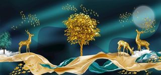 飘带麋鹿山水意境晶瓷画图片