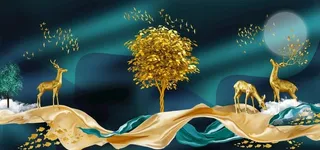 飘带麋鹿山水意境晶瓷画图片