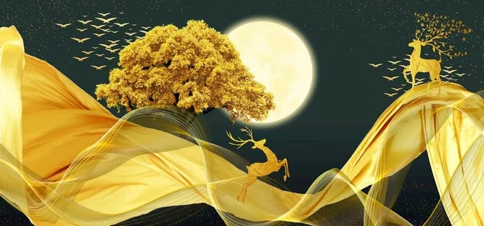 新中式线条麋鹿山水装饰画图片 新中式线条麋鹿山水装饰画图片