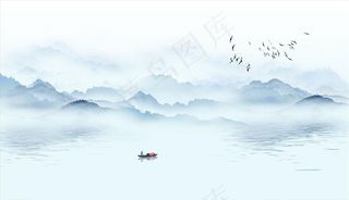 水墨山水小船雁群大雁飞鸟背景墙图片