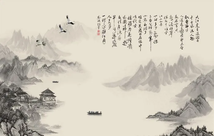 水墨山水 小船 背景墙图片