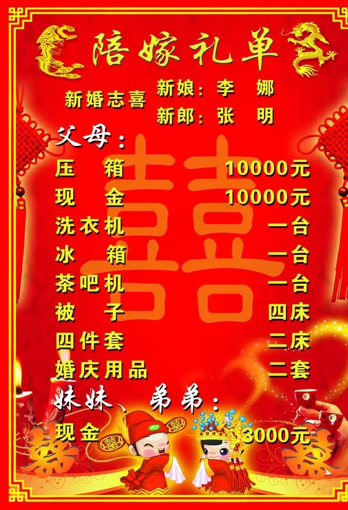 陪嫁礼单图片