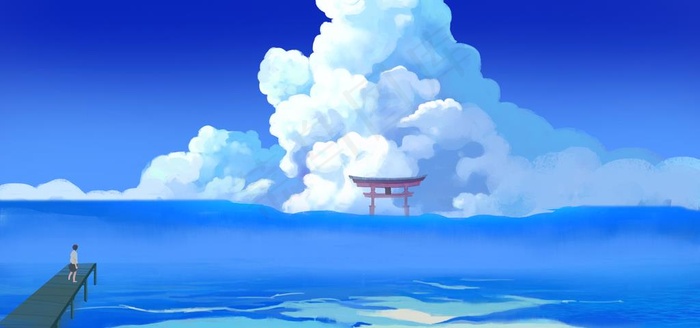 蓝色天空治愈插画背景海报素材图片(4000X2000(DPI:300))psd模版下载
