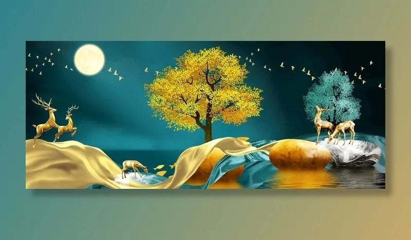 飘带金色麋鹿意境山水晶瓷画图片(10630x4724)