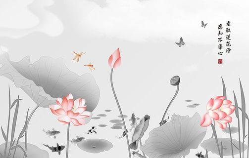 新中式手绘青莲沙发电视背景墙图片