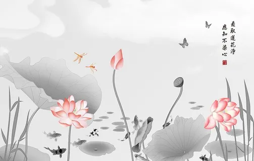 新中式手绘青莲沙发电视背景墙图片