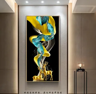 新中式麋鹿飘带玄关画图片