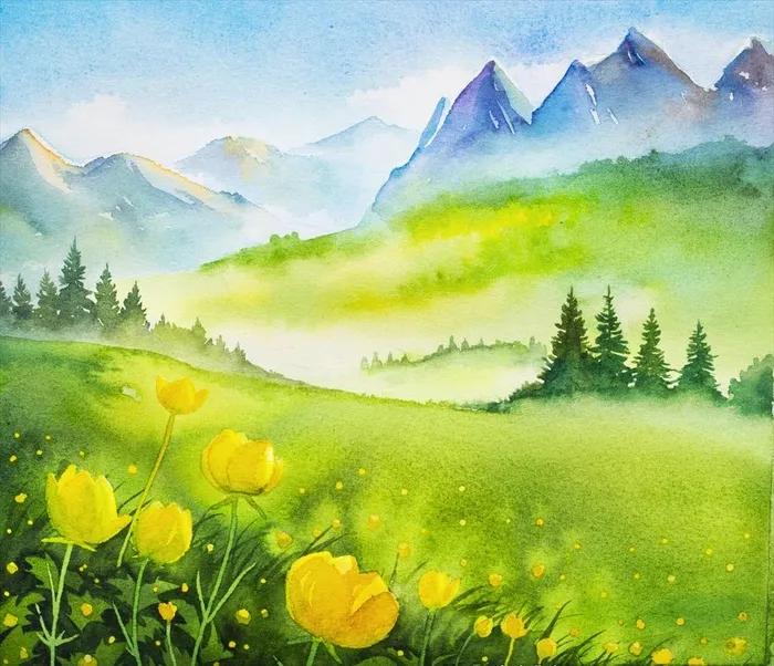 高山草原山谷野花水彩画图片ai矢量模版下载