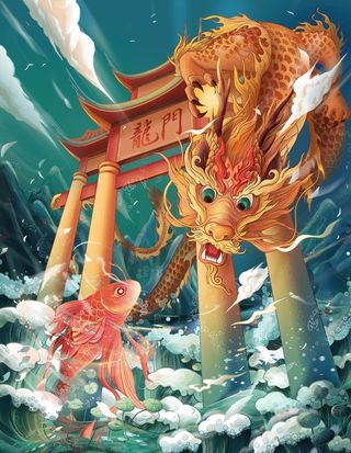 鲤鱼跃龙门插画海报图片