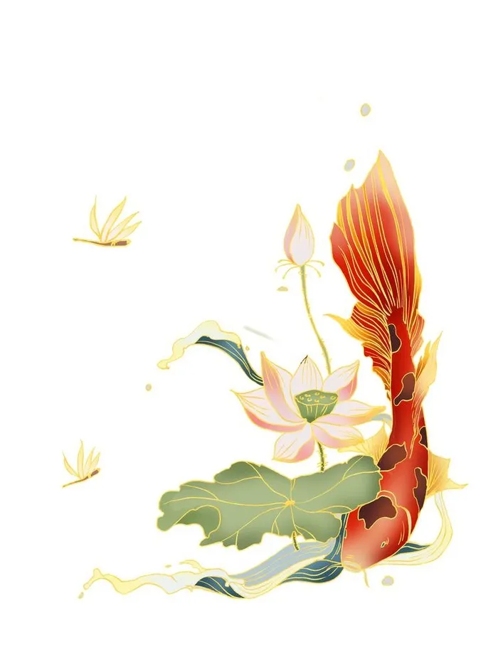 鱼戏莲手绘国风插画图片(3072x4107)psd模版下载