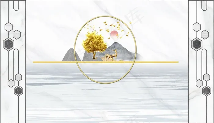 山水画圆树鹿背景墙图片psd模版下载
