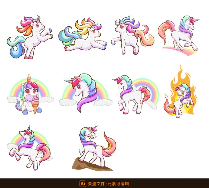 独角兽卡通插画素材图片ai矢量模版下载