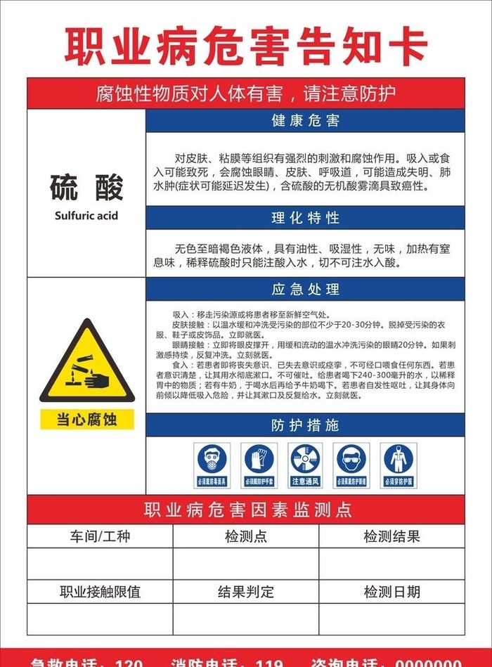 职业病危害告知卡 硫酸图片