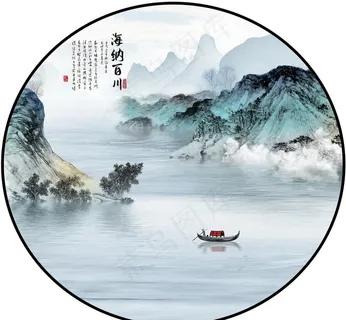 海纳百川国画水墨圆形玄关图片