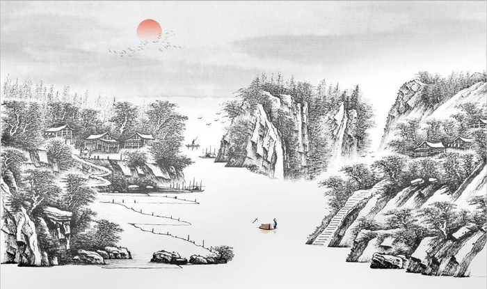 中式水墨山水国画电视背景墙图片