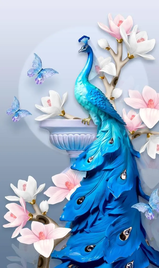 国画孔雀家和富贵装饰画图片(4252x6803)psd模版下载
