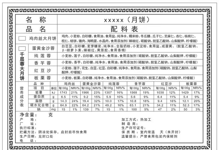 月饼配料表图片cdr矢量模版下载