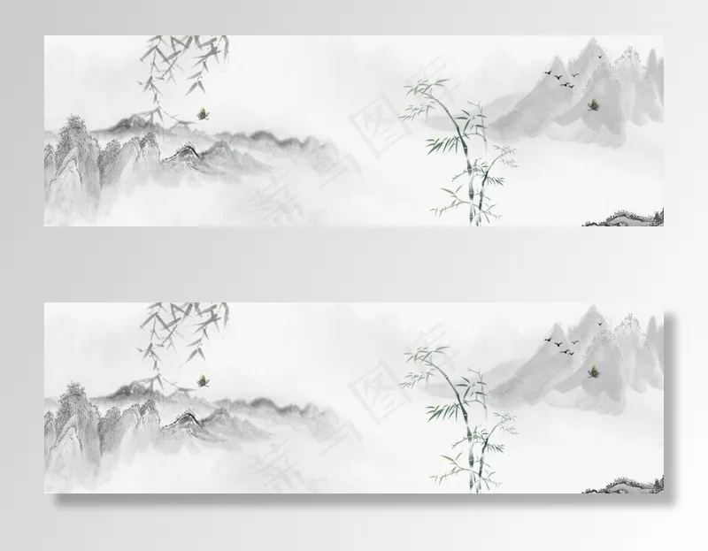 山水风景水墨画图片(1713x582)psd模版下载