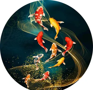 九鱼图水彩中式挂画装饰画图片