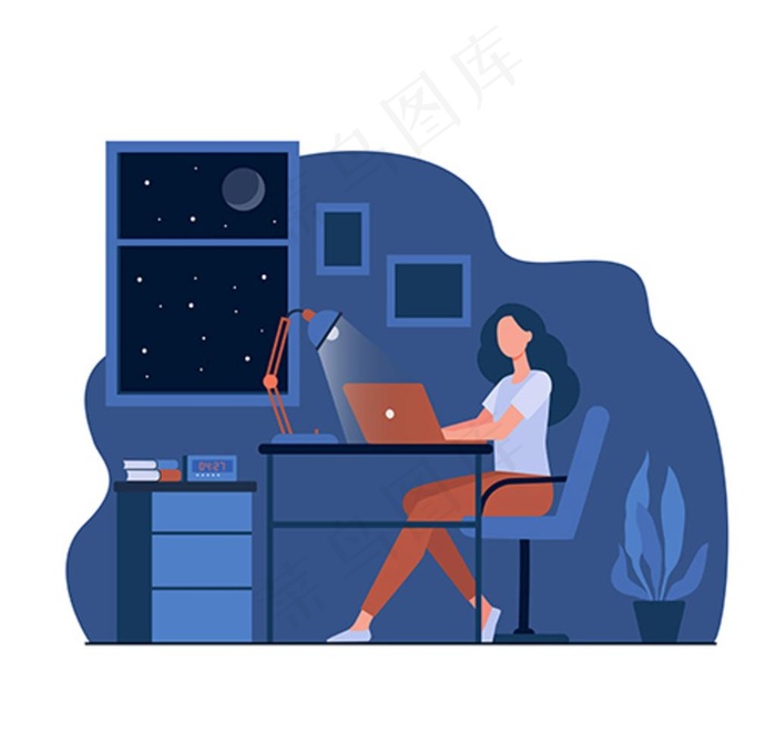 扁平化深夜加班人物插画矢量图片