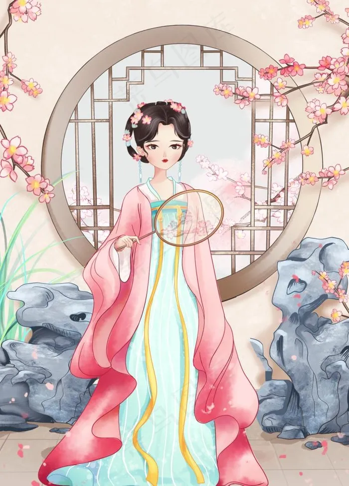 中国风古风美女唯美插画图片(3543x4724)psd模版下载