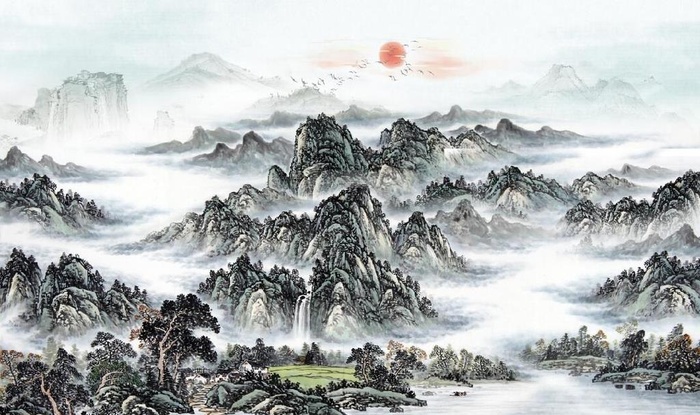 中式青绿瀑布山水国画电视背景墙图片