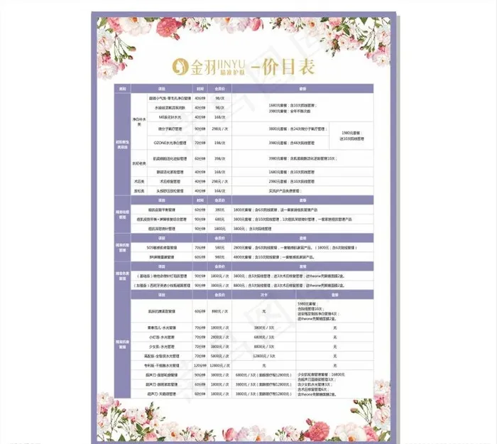 美容价目表图片cdr矢量模版下载