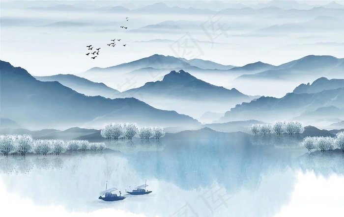 水墨山背景图片psd模版下载