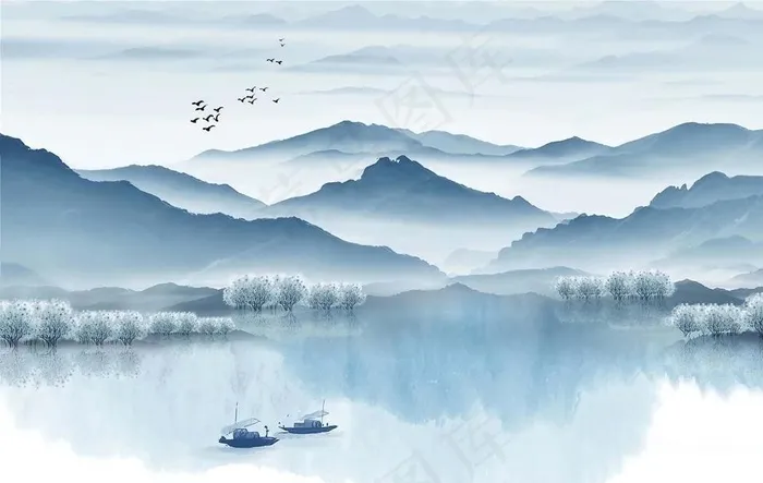 水墨山背景图片psd模版下载