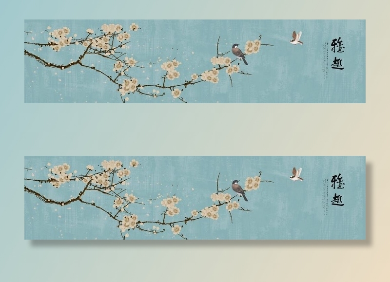 喜上眉梢鸟语花香花鸟国画装饰画图片(14173x3937)psd模版下载