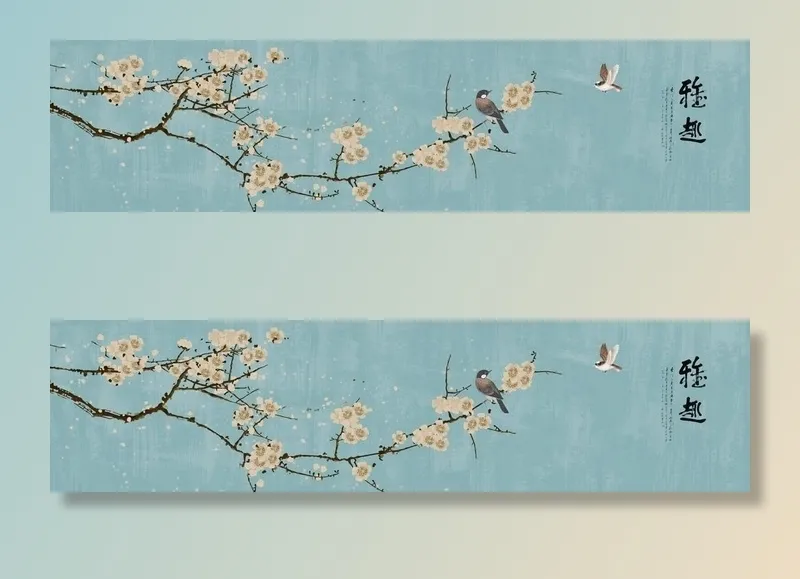 喜上眉梢鸟语花香花鸟国画装饰画图片(14173x3937)psd模版下载
