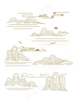 中国风线性山水山纹祥云纹图片
