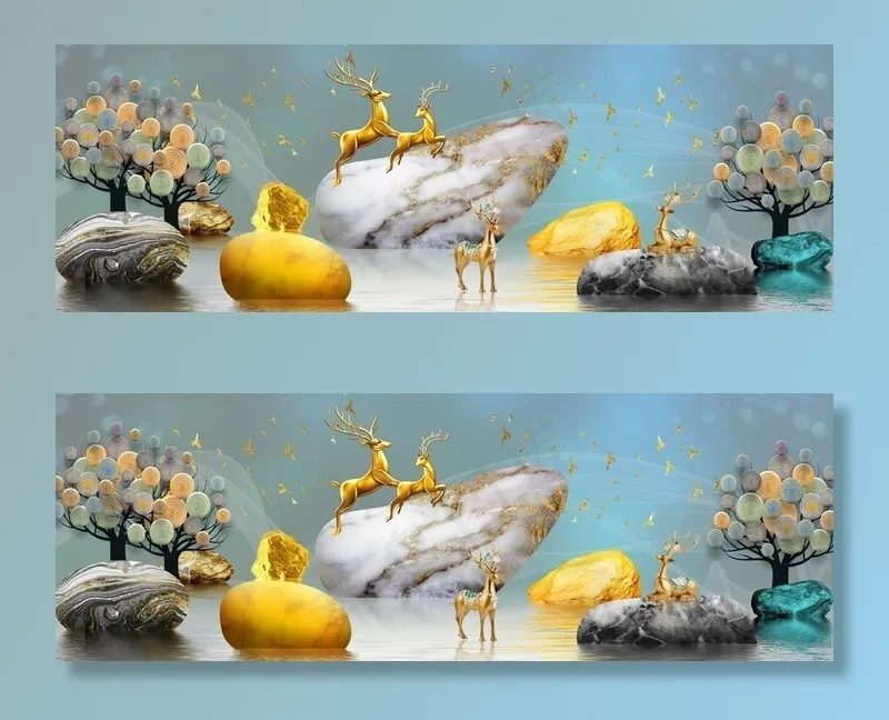 金色麋鹿山水发财鹿晶瓷画图片(9449x3543)psd模版下载