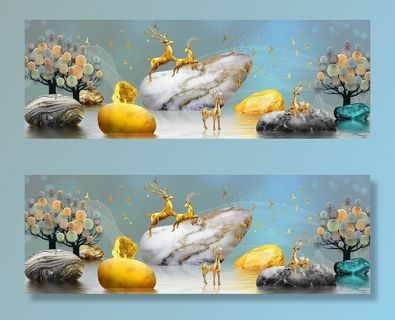 金色麋鹿山水发财鹿晶瓷画图片