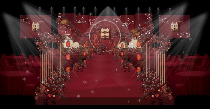红色中式婚礼舞台效果图图片