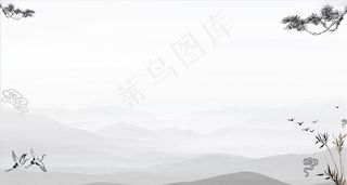 山水水墨画复古展板图片