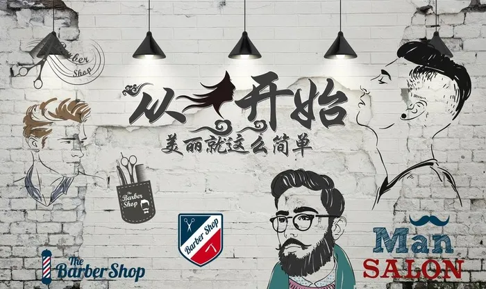欧美手绘潮流理发店背景墙图片