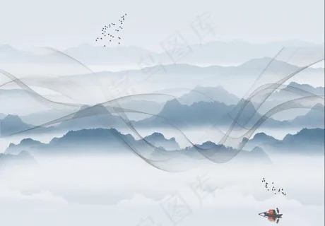 新中式飘带山水背景墙图片