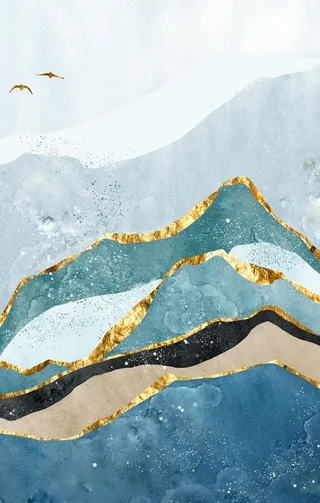 北欧现代艺术手绘抽象金色水墨山图片