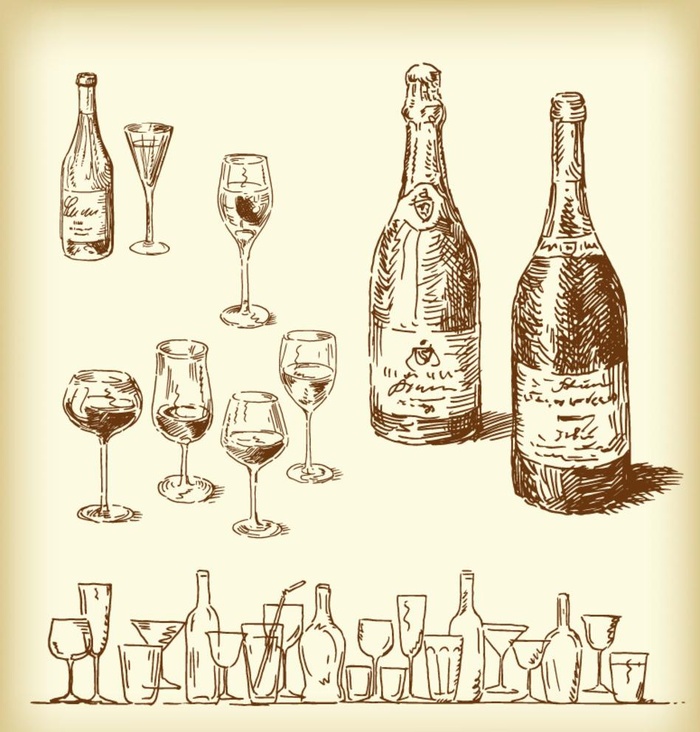 酒瓶 酒杯 素描图片ai矢量模版下载