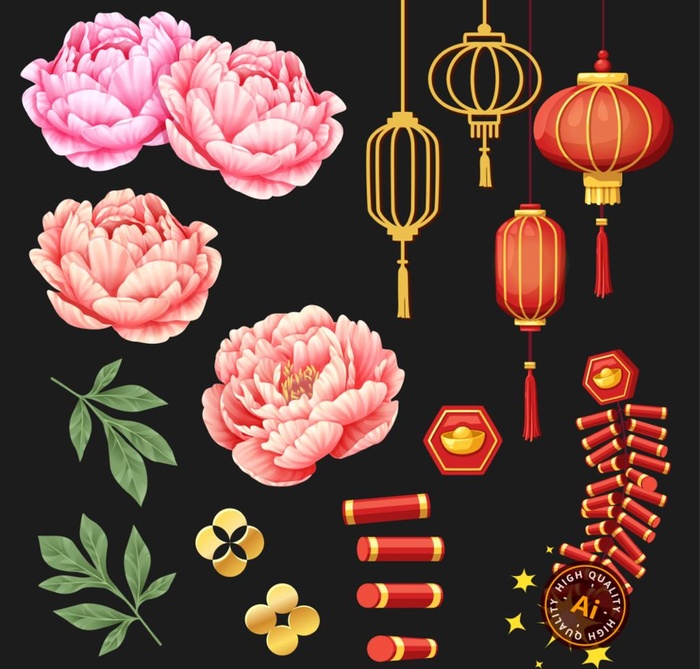 春节元素,鞭炮,牡丹花,牡丹装饰,手ai矢量模版下载